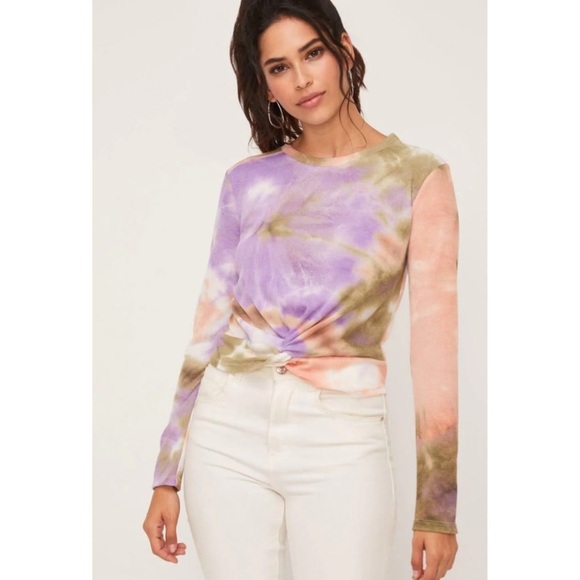 Lush Tops - I Know You Do Peach and Olive Tie-Dye Twist Top